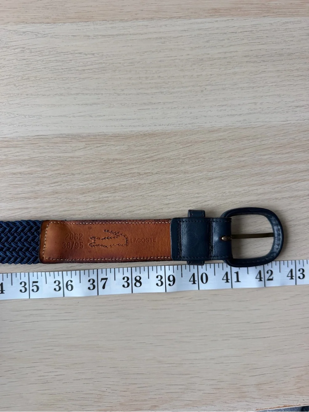 Lacoste Vintage Woven Stretch Belt Navy Leather Trim Brass Buckle Sz 38/95